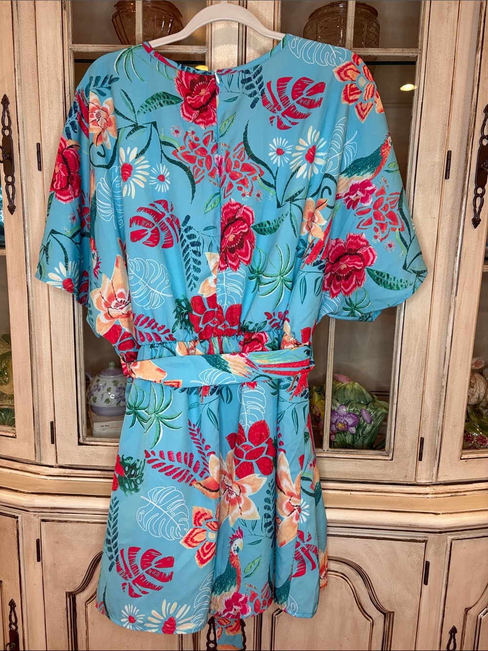 Turquoise SHEIN Floral Faux-Wrap Romper with Belt - Picture 4 of 9